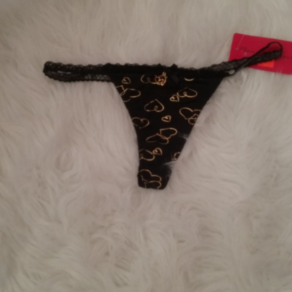 PLANET LINGERIE BLACK AND GOLD HEART THONGS
